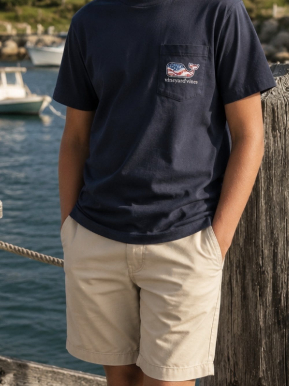 Vineyard Vines Navy Pocket Whale Flag Graphic Tee Kids XL Americana Coastal Prep